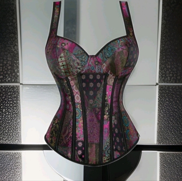 NWT Patchwork Multicolor Floral Jacquard Lace Up Corset SZ L - Picture 15 of 15